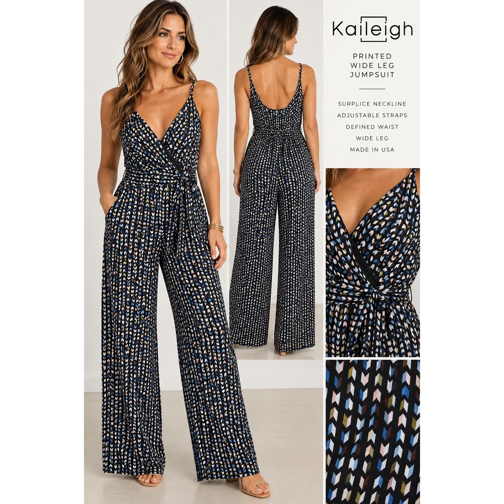 Kaileigh Printed Wide Leg Jumpsuit Black Multi Surplice Neck Size M